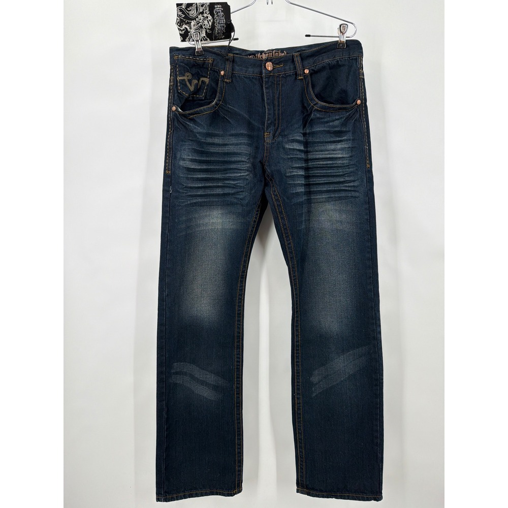 Y2K Grunge Urban Label Mens Dark Wash Straight Leg Embroidered Jeans 36x34